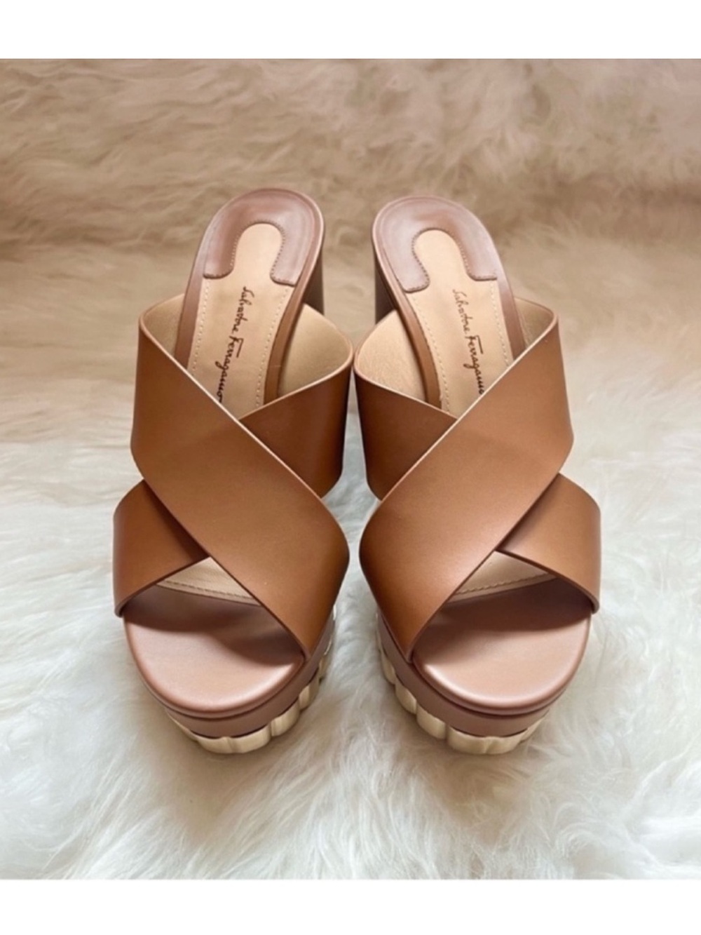 New! Salvatore Ferragamo Nicosia Brown Leather Platform Wedge Sandals - Picture 5 of 11